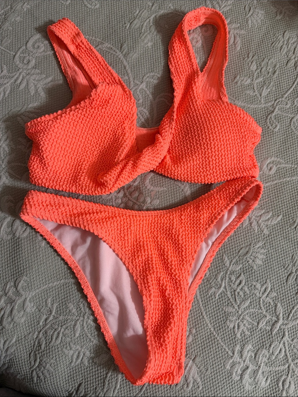 Neon Coral Textured Two-Piece Bikini Set
